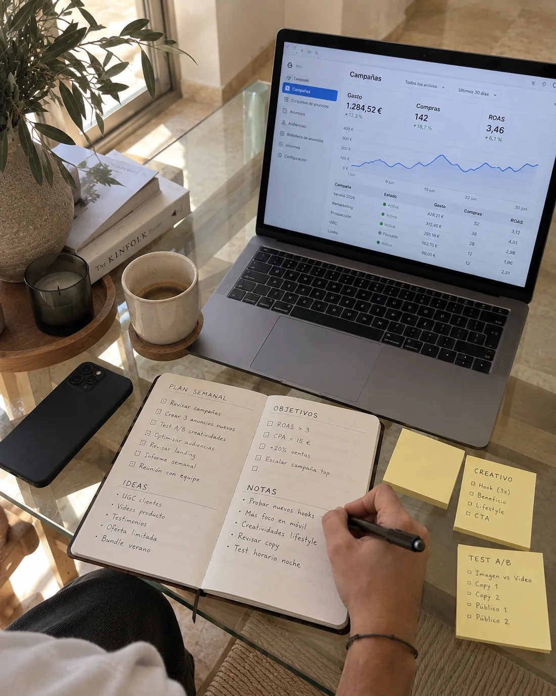 Mesa de trabajo vista desde arriba: un portátil con un panel de campañas publicitarias, un cuaderno con el plan de la semana escrito a mano y notas adhesivas con los tests pendientes
