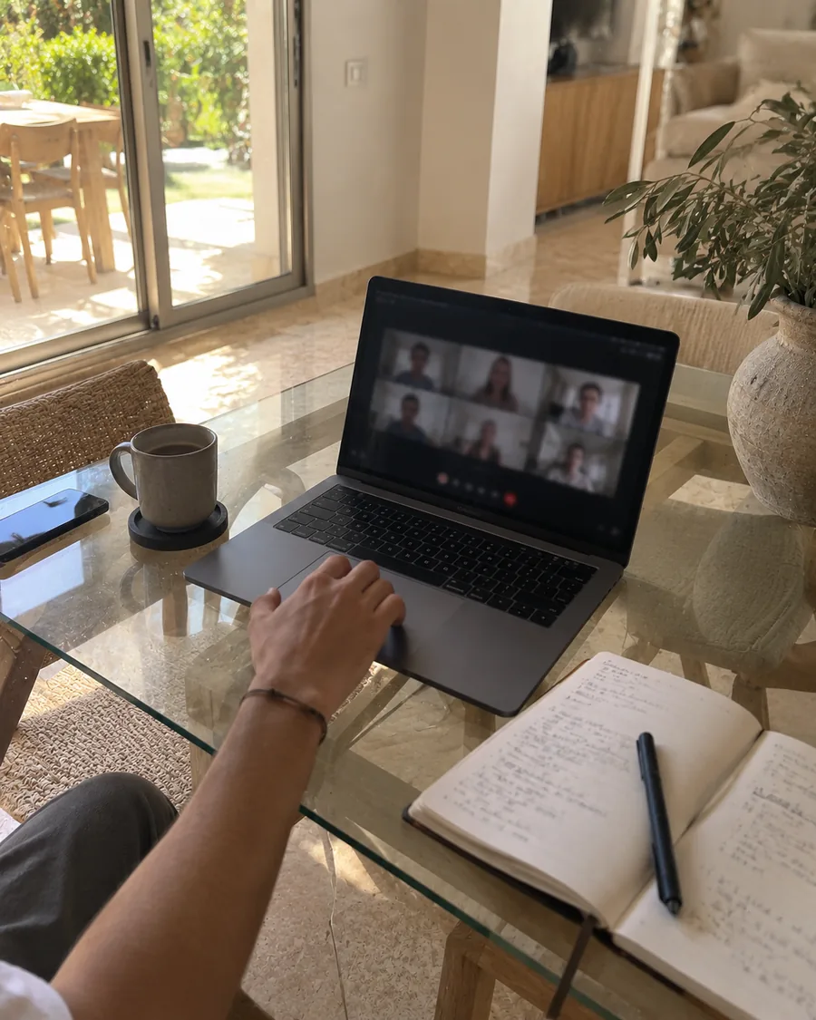 Videollamada de seguimiento con un cuaderno de notas abierto al lado del portátil